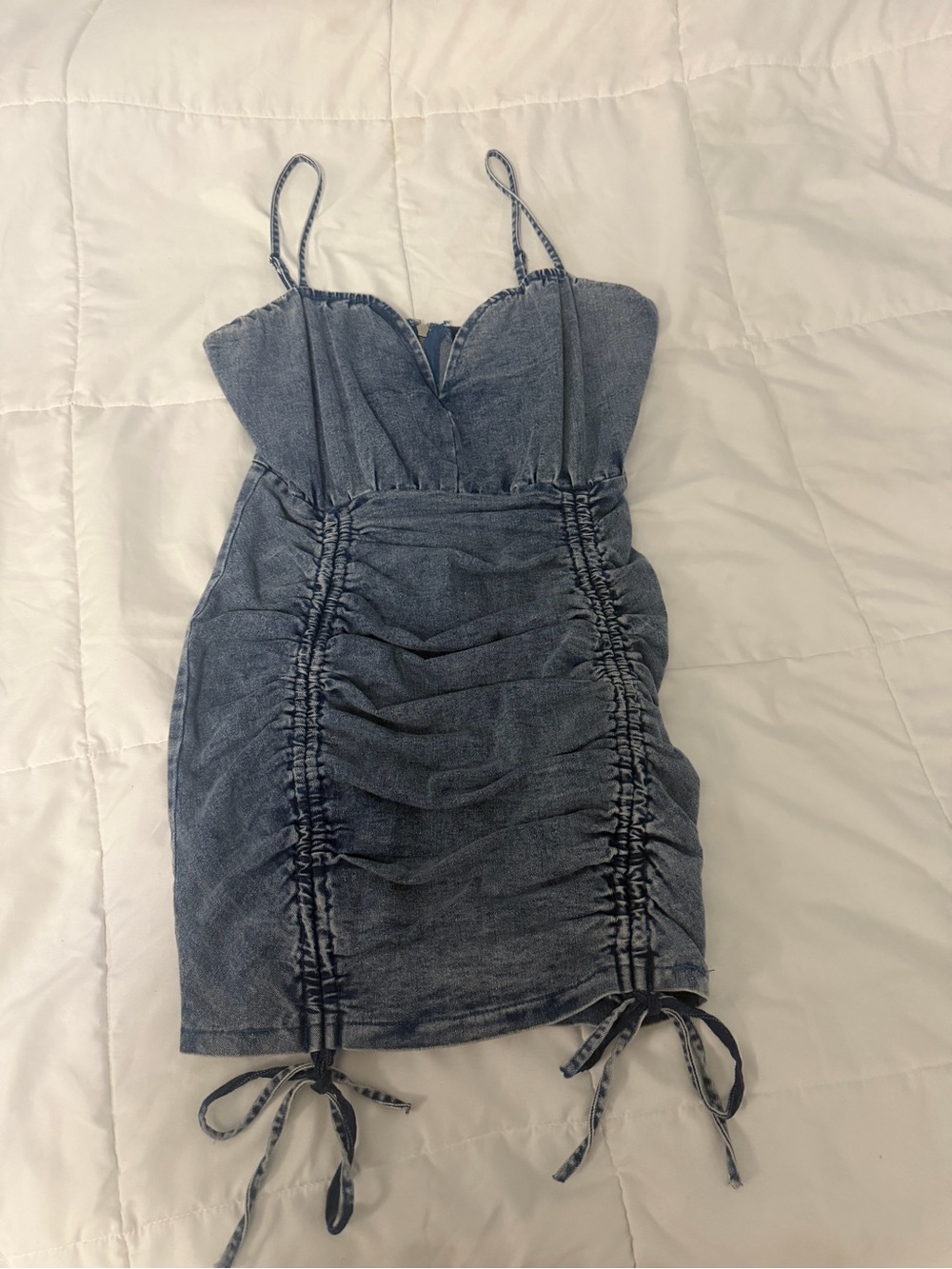 Ruched Denim-Effect Blue Mini Dress with Spaghetti Straps